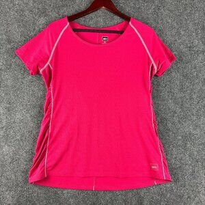 REI Top Womens Large Hot Pink Short Sleeve Tee Shirt Ruched Sides Logo Pullover